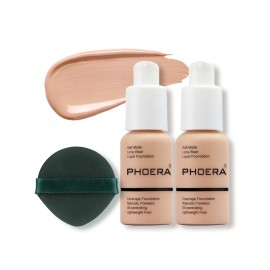 PHOERA Foundation Makeup Naturally Liquid Foundation Full Coverage Mattle Oil-Control Concealer 8 Colors Optional,Great Choice For Gift (2pcs,103 Warm Peach)