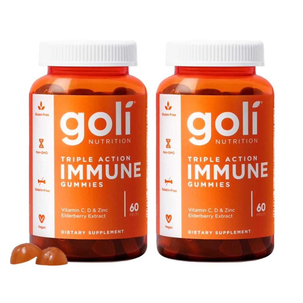 Goli Triple Action Immune Gummies with Vitamin C, D, Zinc - Elderberry Extract, Echinacea, Turmeric, Ginger - Vegan, Non-GMO, Gluten-Free - 120 Count (Pack of 2)
