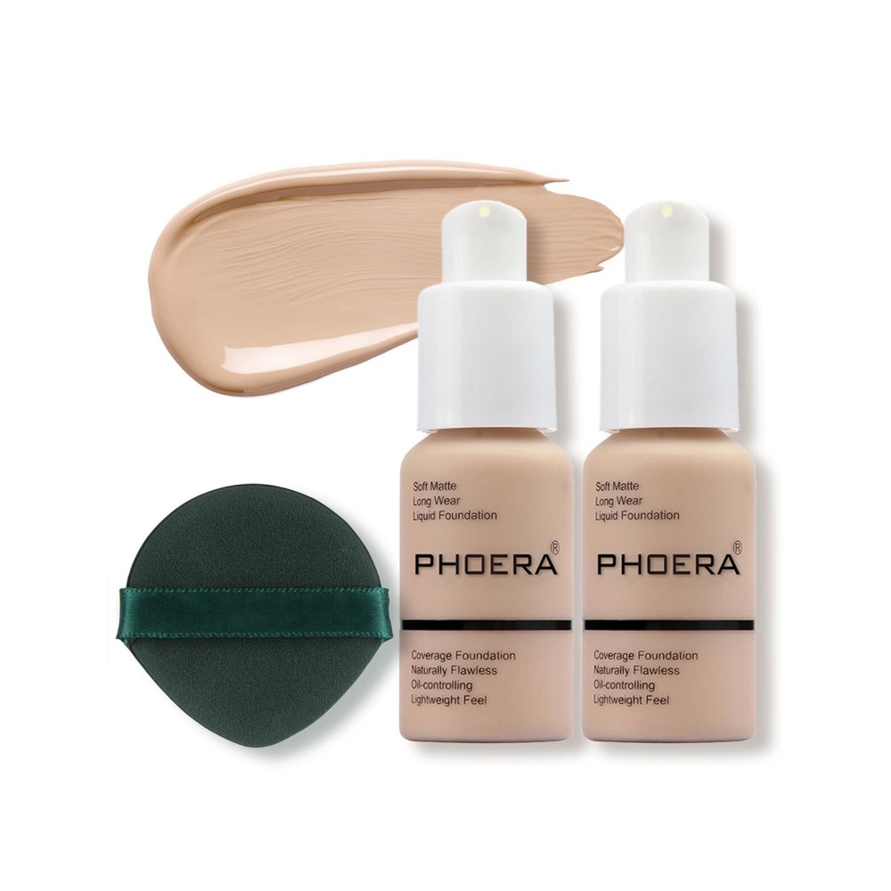PHOERA Foundation Makeup, Flawless Soft Matte Oil Control Liquid Foundation, Full Coverage Mattle Oil-Control Concealer for Older Women, Great Choice For Gift (102 Nude(2pcs)