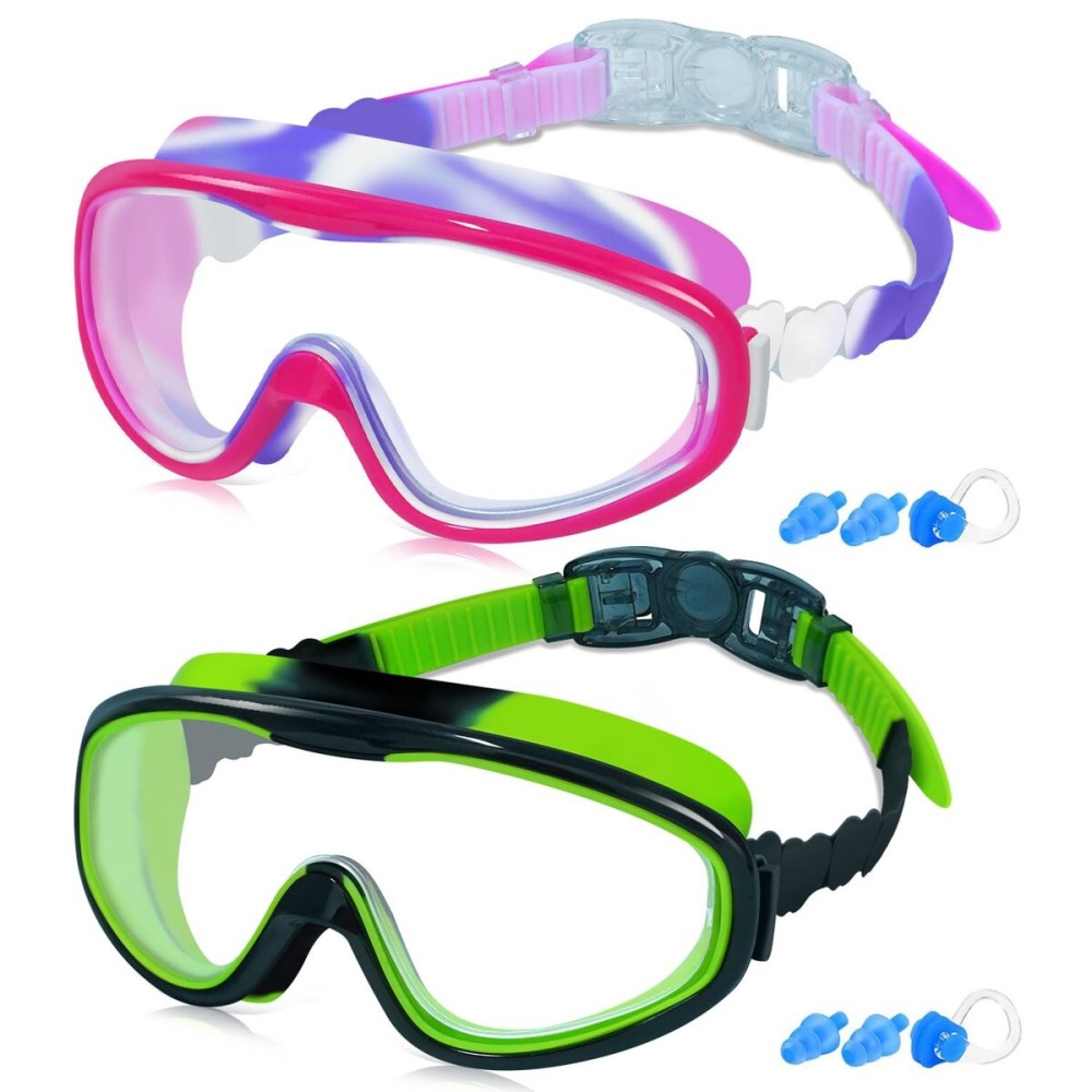 COOLOO Kids Swim Goggles for Age 3-15, 2 Pack Kids Goggles for Swimming with Nose Cover, No Leaking, Anti-Fog, Waterproof