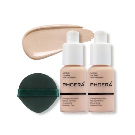 PHOERA Foundation Makeup, Flawless Soft Matte Oil Control Liquid Foundation, Full Coverage Mattle Oil-Control Concealer for Older Women, Great Choice For Gift (101 Porcelain(2pcs))