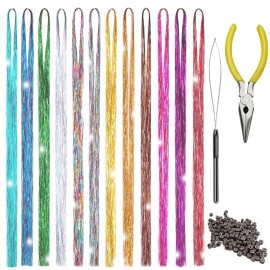 Hair Tinsel Kit 12 Colors Hair Extensions 48 Inches 2500 Strands Sparkling Tinsel for Christmas New Year Halloween Cosplay Party Fairy Tinsel Kit