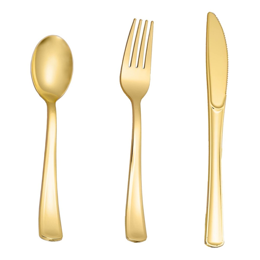 N9R 60PCS Gold Plastic Silverware - Gold Plastic Cutlery Set Disposable Flatware Dinnerware -30 Forks, 15 Spoons, 15 Knives for Party, Thanksgiving, Christmas