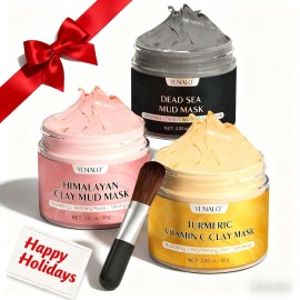 YLNALO Stocking Stuffers for Women 3 Pcs Clay Facial Mask Set - Turmeric Vitamin C, Dead Sea and Himalayan Clay Skin Care Mask for Deep Cleansing, Moisturizing, and Refining Pores, Spa Facial Mask Set