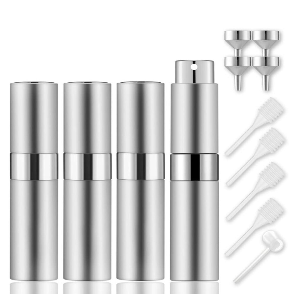Lil Ray 8ml Portable Mini Perfume Atomizer(4 PCS)Refillable Empty Small Spray Bottle for Travel, Twist Type Pocket Cologne Sprayer (Silver)