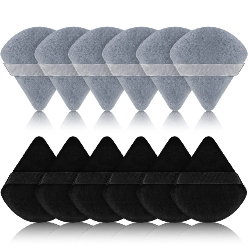 Maitys 12 Pcs Powder Puff Triangle for Face Makeup Cosmetic Loose Powder Puff Velour Soft Body Washable Reusable Foundation Sponge Wet Dry Makeup Tool for Women(Small,Black, Gray)