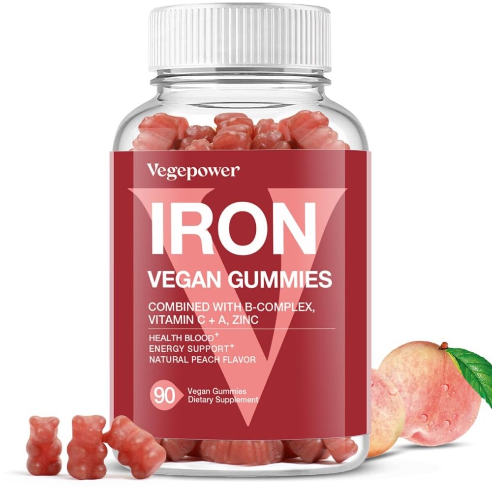 Vegan Iron Gummies Supplement - with Vitamin C, A, B-Complex, Folate, Zinc for Adults & Kids - Health Blood & Energy Support for Iron Deficiency, Anemia, No After Taste - Peach Flavor (90 Ct)