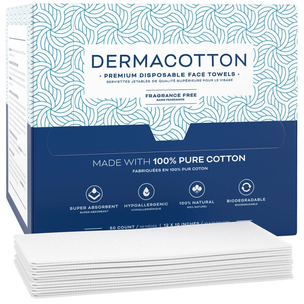 Dermacotton X-Large 100% Pure Cotton Face Towels - 100 Count Extra Large Disposable Wash Cloths for Face Washing, Makeup Removal & Acne Care | Ultra Soft, Hypoallergenic & Fragrance-Free