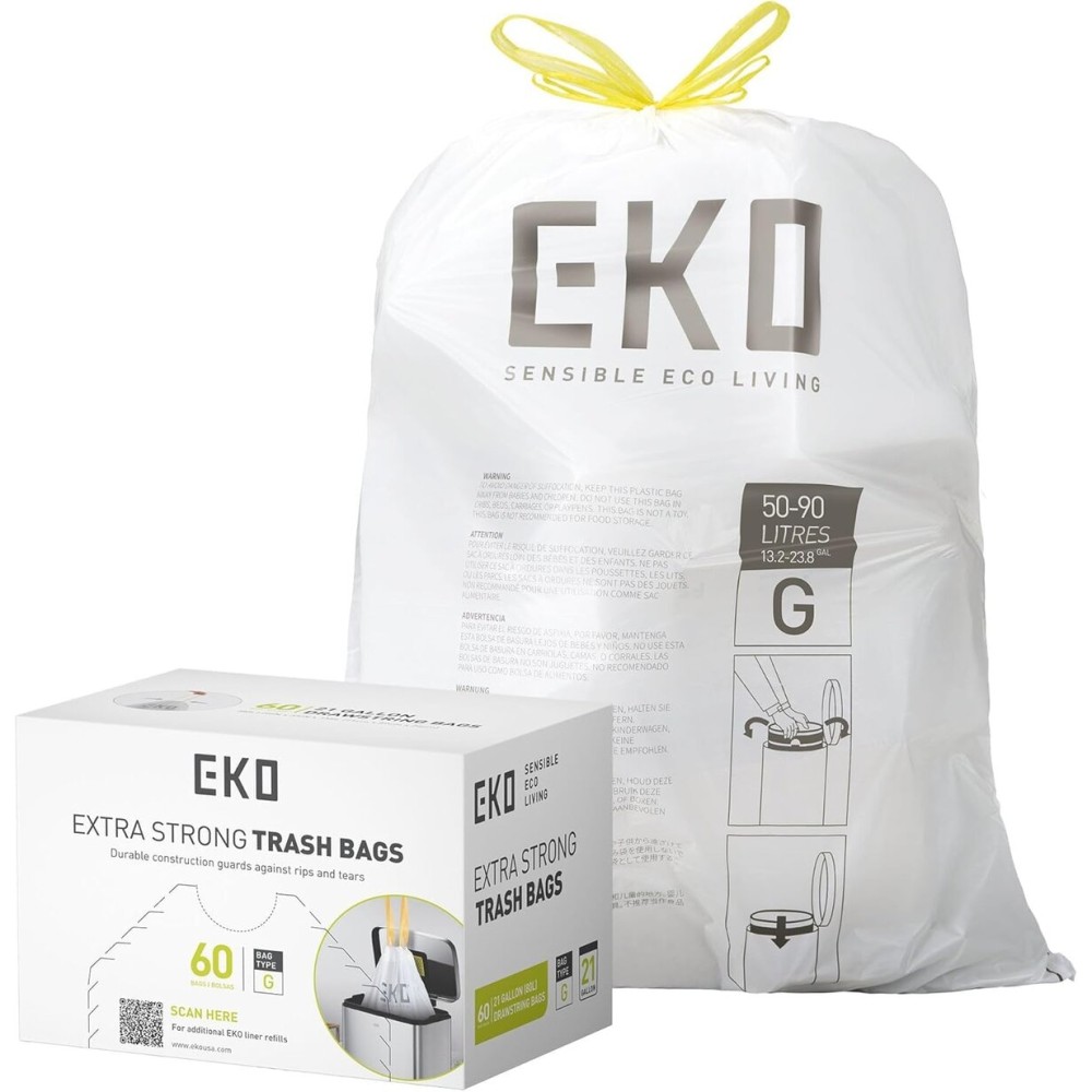 EKO 21 Gallon / 50-90 Liter, 60 Count Drawstring Trash Bags, Extra-Strong Unscented Garbage Bags, Easy-Dispense Roll for Kitchen & Household Use, Code G, White