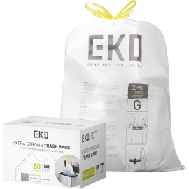 EKO 21 Gallon / 50-90 Liter, 60 Count Drawstring Trash Bags, Extra-Strong Unscented Garbage Bags, Easy-Dispense Roll for Kitchen & Household Use, Code G, White