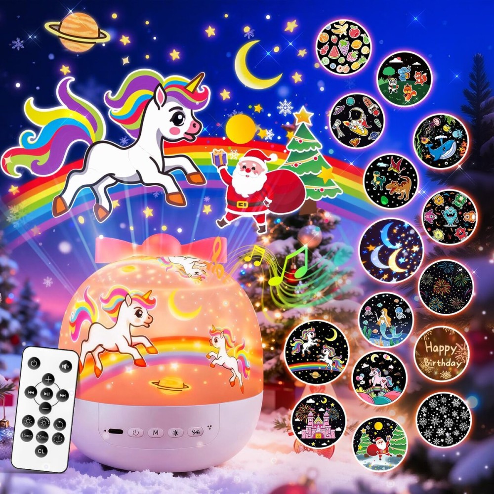 Pikoy Unicorn Toys for Girls Gifts, 15 Films+15 Lullaby Sound Machine for Kids Night Light Projector, Remote+Rechargeable Night Light for Kids Gifts, 360 Rotation Princess Mermaid Toddler Girl Toys