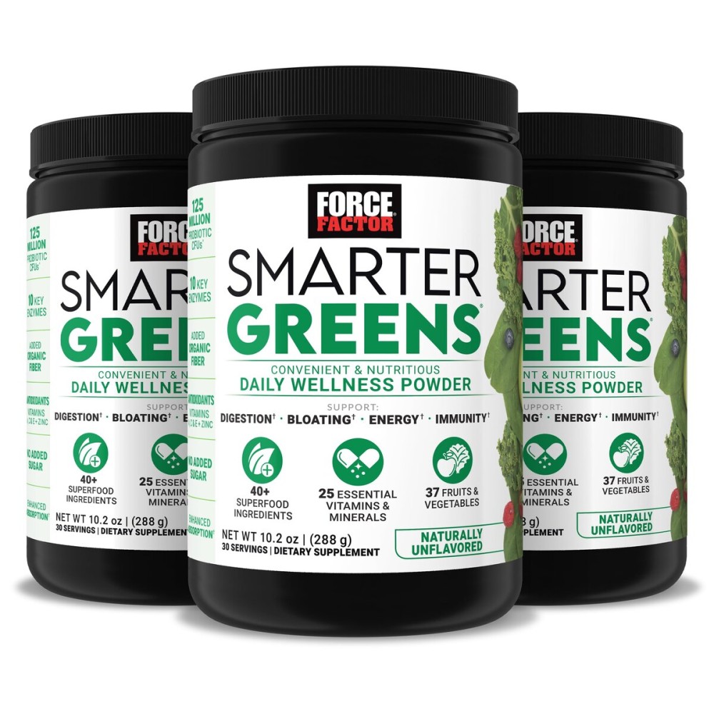 Force Factor Smarter Greens Daily Wellness Powder 3-Pack to Support Energy, Immunity & Digestion, Greens Powder, Superfood Powder with Vitamins, Minerals & Probiotics, Unflavored, 90 Servings