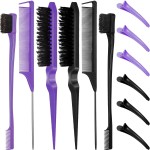 12 Piece Nylon Brushes Set for Grooming - Salon Teasing Brush, Double-Sided Edge Brush, Smooth Comb, Rat Tail Combs with Duckbill Clips for Women and Girls (Purple, Black)