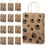Blulu 20 Pcs Puppy Dog Paw Gift Bags with Paper Twist Handles, Dog Gift Paper Paw Treat Goodie Bags for PET Treat Party Favor, 6.3 x 3.1 x 8.6 Inch(Brown Backing)