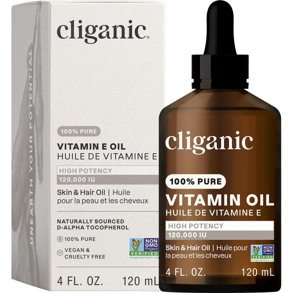 Cliganic Pure Vitamin E Oil for Skin, Scars, Hair & Face - 120,000 IU, Non-GMO Verified | Natural D-Alpha Tocopherol