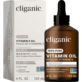 Cliganic Pure Vitamin E Oil for Skin, Scars, Hair & Face - 120,000 IU, Non-GMO Verified | Natural D-Alpha Tocopherol