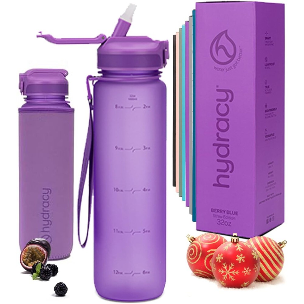 Hydracy Water Bottle with Times to Drink & Straw - Large 32 Oz BPA Free Motivational Water Bottle & No Sweat Sleeve -Leak Proof Gym Bottle with Time Marker - Ideal for Fitness, Sports & Outdoors
