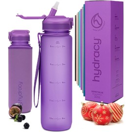 Hydracy Water Bottle with Times to Drink & Straw - Large 32 Oz BPA Free Motivational Water Bottle & No Sweat Sleeve -Leak Proof Gym Bottle with Time Marker - Ideal for Fitness, Sports & Outdoors