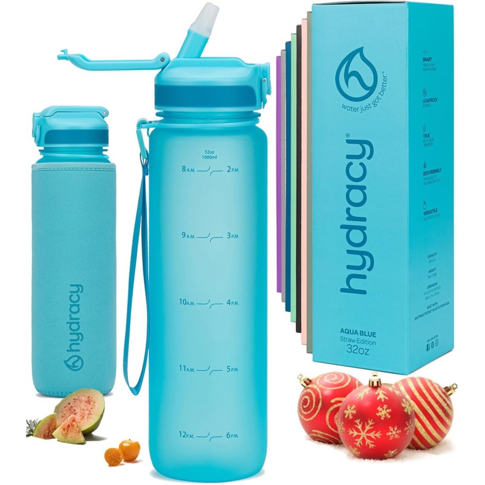Hydracy Water Bottle with Times to Drink & Straw - Large 32 Oz BPA Free Motivational Water Bottle & No Sweat Sleeve -Leak Proof Gym Bottle with Time Marker - Ideal for Fitness, Sports & Outdoors