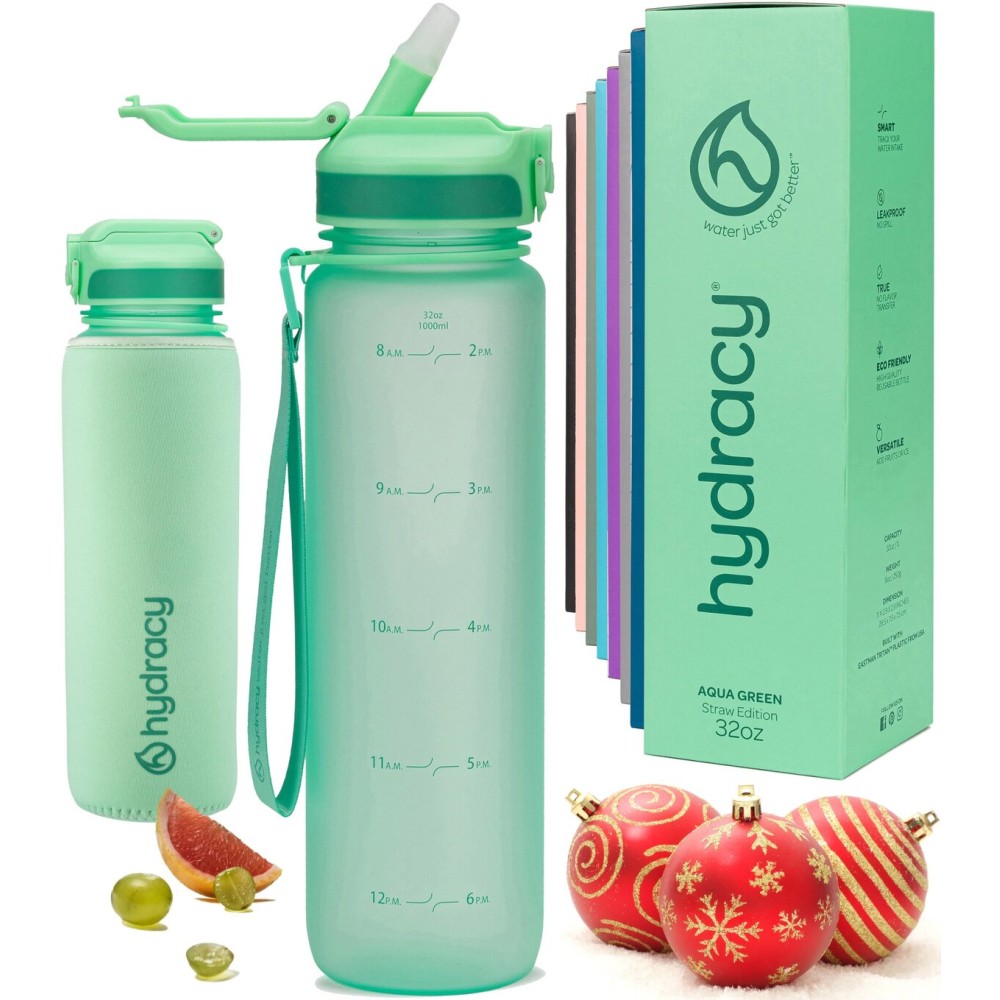 Hydracy Water Bottle with Times to Drink & Straw - Large 32 Oz BPA Free Motivational Water Bottle & No Sweat Sleeve -Leak Proof Gym Bottle with Time Marker - Ideal for Fitness, Sports & Outdoors