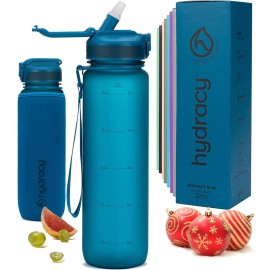 Hydracy Water Bottle with Times to Drink & Straw - Large 32 Oz BPA Free Motivational Water Bottle & No Sweat Sleeve -Leak Proof Gym Bottle with Time Marker - Ideal for Fitness, Sports & Outdoors