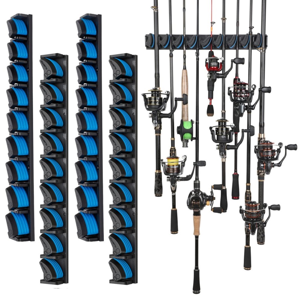 PLUSINNO 4 Pack Vertical Fishing Rod Rack, Wall Mounted Fishing Rod holder, 4 Packs Fishing Pole Holders Hold Up to 36 Rods or Combos, Fishing rod holders for garage, Fishing Gear and Gifts for Men