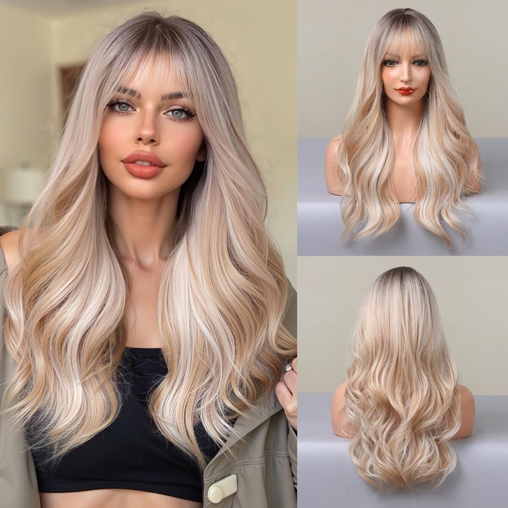Esmee Long Wavy Ombre Blonde Wigs with Bangs for Women Natural Synthetic Hair Heat Resistant Ombre Wigs with Dark Roots for Daily Party Cosplay Use-24 Inches