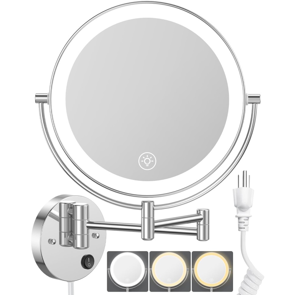 Benbilry 9 Large Wall Mounted Lighted Makeup Mirror, 1X/10X Magnifying 2-Sided AC Plug-in Powered Bathroom Mirror with 3 Color Lights, Touch Dimmable, Extended Arm 360 Rotation, Chrome