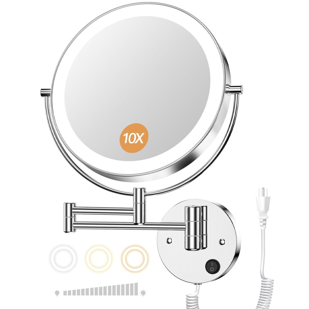 Gospire 9 Wall Mounted Lighted Magnifying Mirror, 1X/10X Magnification Double-Sided LED Bathroom Mirror, 3 Color Lights & Stepless Dimming with Touch Sensor, Extendable Arm 360 Swivel for Shaving