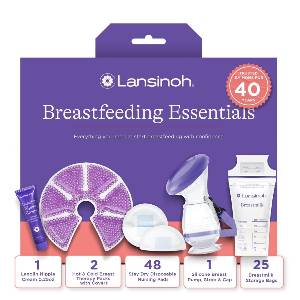 Lansinoh Youve Got This Breastfeeding Essentials Kit for New Moms, 77-Piece Gift Set with Nursing Pads, Breastmilk Storage Bags, Nipple Cream, Hot & Cold Therapy Packs, and Silicone Breast Pump