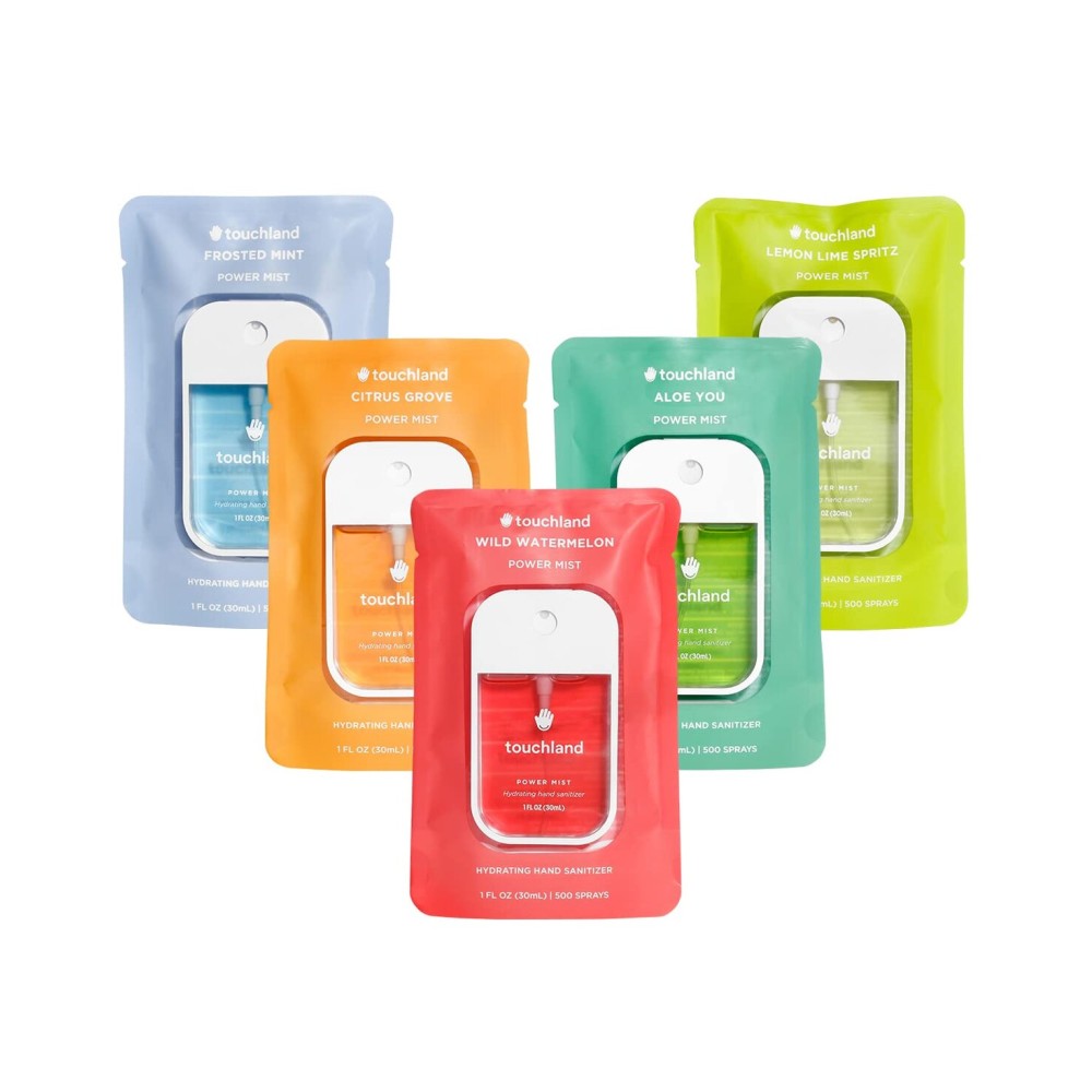 Touchland Hydrating Hand Sanitizer Spray, FRESH 5 Set (Mint, Citrus, Lemon Lime, Aloe, Watermelon), 1 FL. OZ. Travel Size Power Mist Sprays (Set of 5)