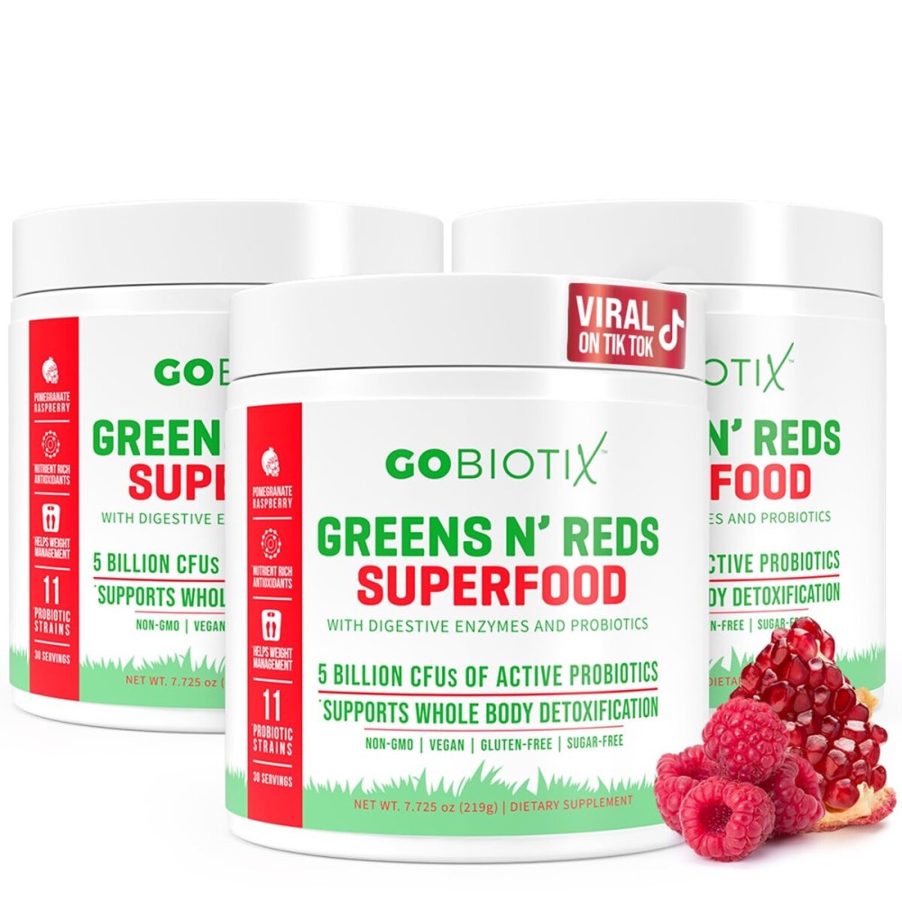 GOBIOTIX Greens Powder - Superfood with Greens and Reds - Probiotic Supplement - Digestive Enzymes and Beet Root Powder - Organic Whole Foods Dietary Supplement (Pom Raspberry, 3 Pack)