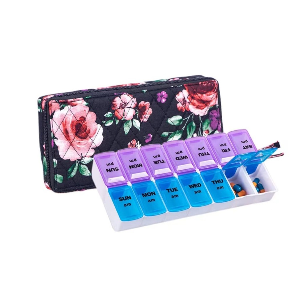 ZUMD Weekly 7 Day Pill Organizer Case 2 Times a Day (AM/PM), Large Portable Cute Pill Box 7 Day for Vitamin&Medicine, Pill Case with Quilted Fabric Zipper Cute Bag for Travel or Daily
