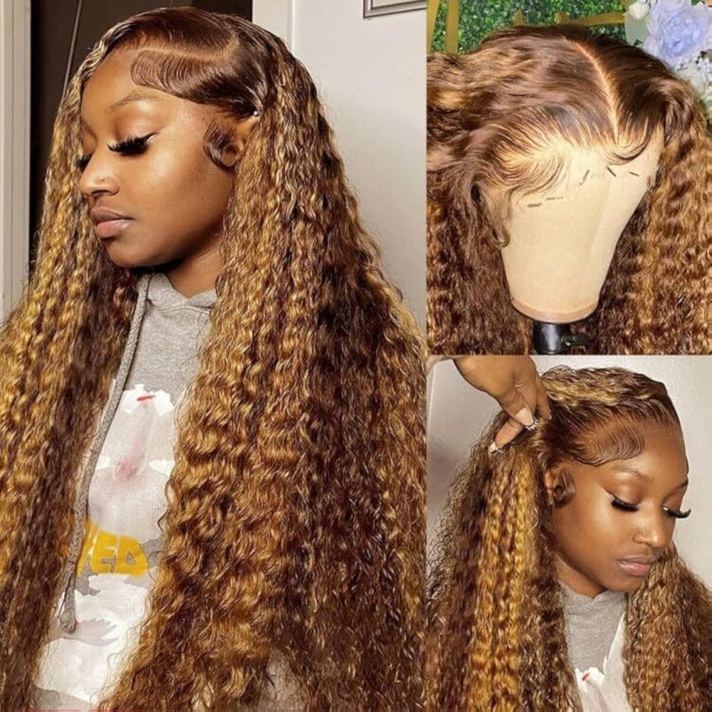 Pizazz 13x4 Ombre Highlight HD Lace Front Wigs Human Hair Pre plucked 180 Density 4/27 Honey Blonde Deep Wave Human Hair Wigs for Women(30 Inch, Brown mix gloden color)