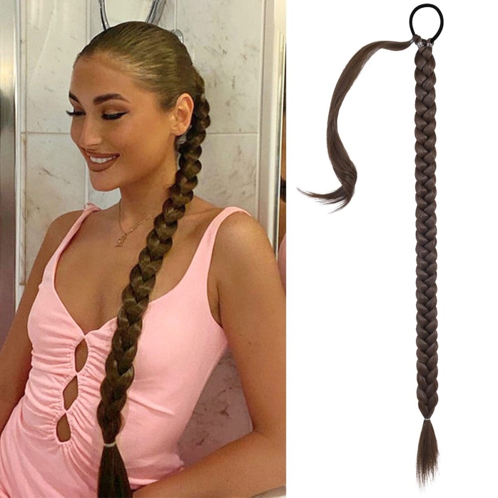 SEIKEA Long Braided Ponytail Extension with Hair Tie Straight Wrap Around Hair Extensions Ponytail Natural Soft Synthetic Hair Piece for Women Daily Wear 34 Inch 150 Gram Dark Chocolate Brown
