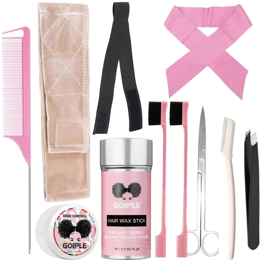 Goiple 11 PCS Wig Kit for Lace Front Wigs for Beginners, Hair Wax Stick Lace Melting Elastic Band for Wigs, Edge Laying Scarf, Eyebrow Razor, Tweezer, Edge Brush, Wig Band, Mini Scissor, Comb (Beige)