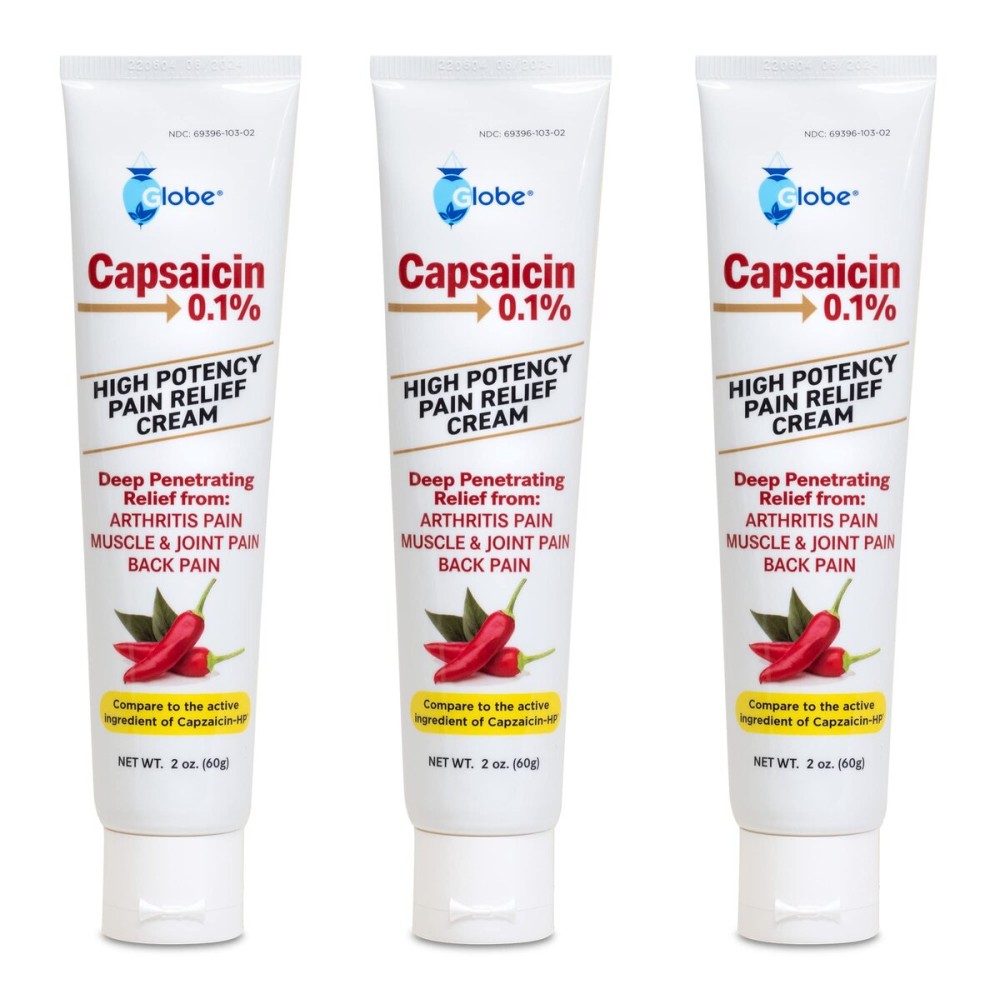 Globe (3 Pack) Capsaicin 0.1% High Potency Pain Relief Cream, Unscented (2 oz) Deep Penetrating Relief from: Arthritis, Muscle, Joint and Back Pain