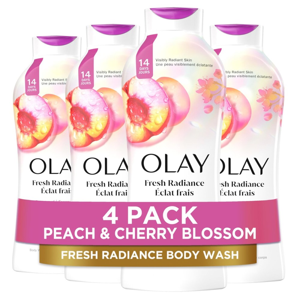Olay Body Wash for Women, Fresh Radiance, Refreshing & Renewing, Made with Plant Based Cleansers, B3 Botanical Complex, For All Skin Types, Peach & Cherry Blossom Scent, 22 fl oz (Pack of 4)