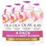 Olay Body Wash for Women, Fresh Radiance, Refreshing & Renewing, Made with Plant Based Cleansers, B3 Botanical Complex, For All Skin Types, Peach & Cherry Blossom Scent, 22 fl oz (Pack of 4)
