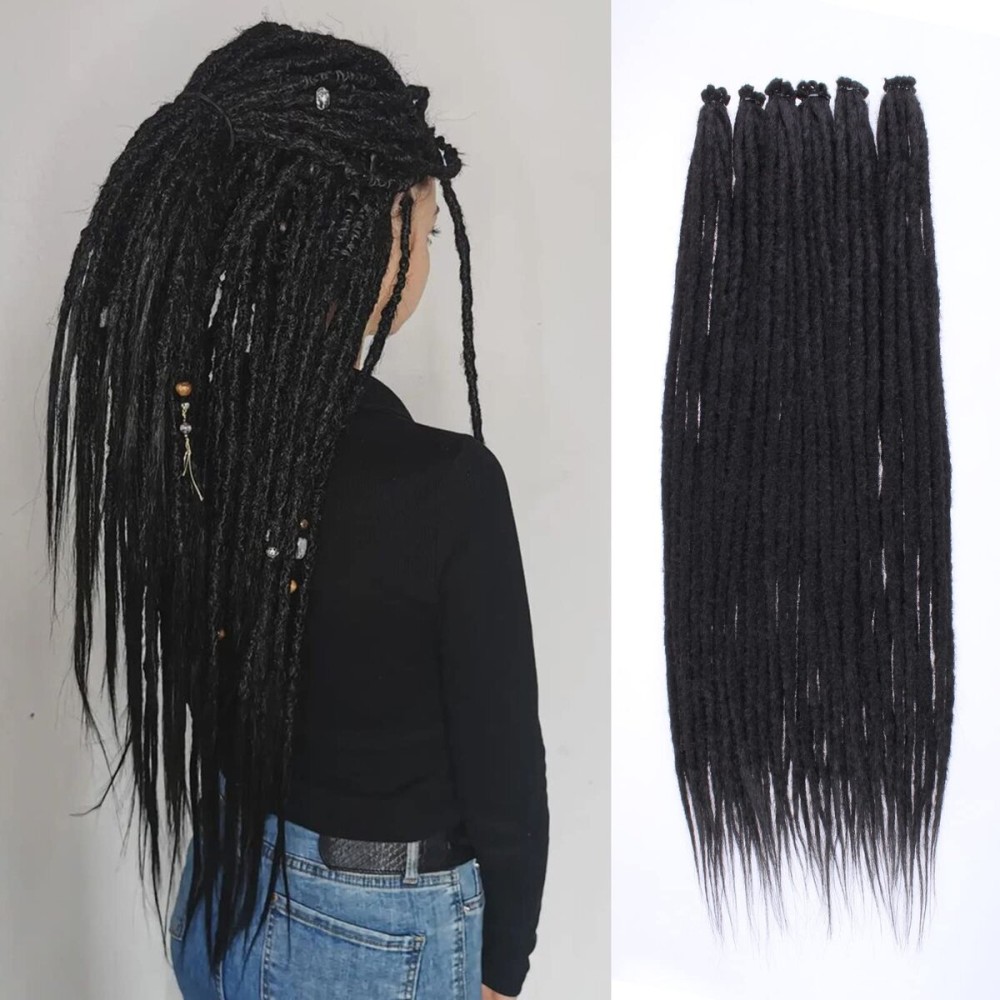 Leeven Thin 24 Inch Dreadlock Extensions 0.6 cm Width 20 Strands Natural Black Soft Hippie SE Dreads Synthetic Loc Extensions Handmade Reggae Style Crochet Braiding Hair for Women and Men