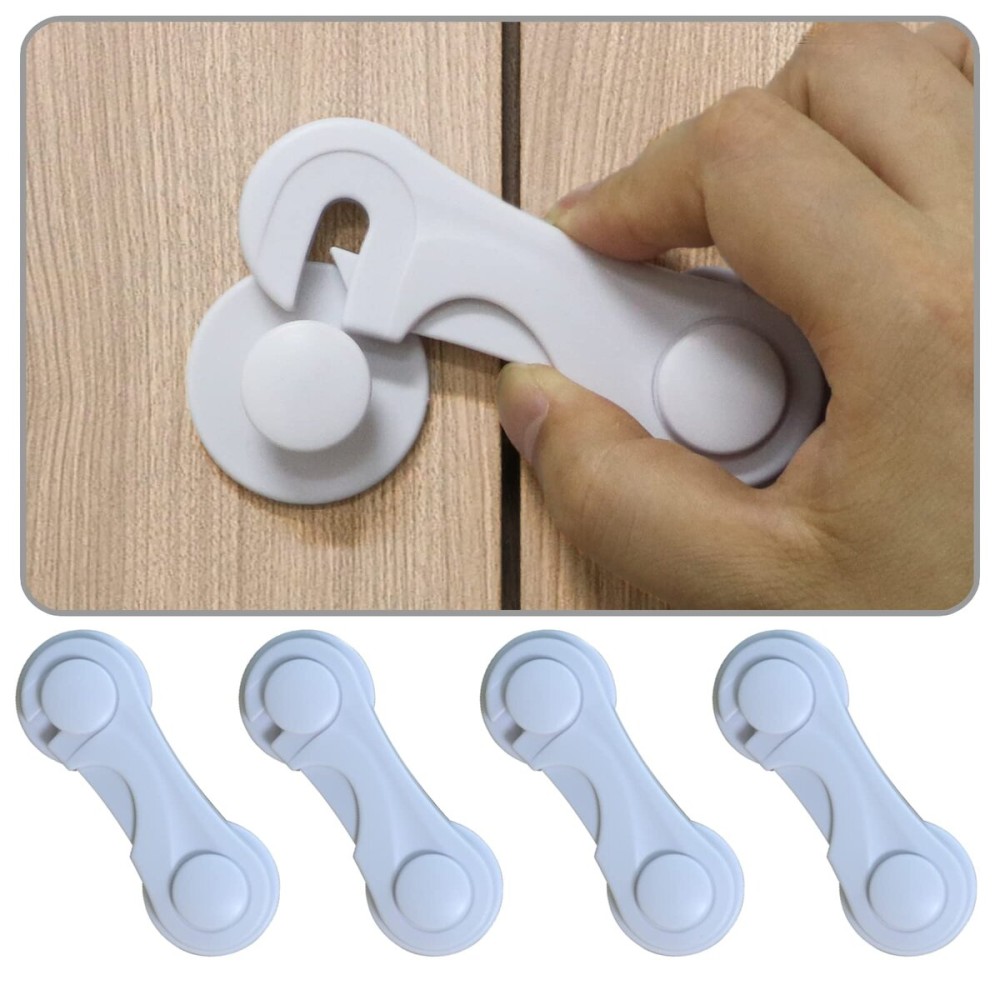 Cabinet Door Locks for Baby Proofing and Child Safety, 4 Pack Childproof Cabinet Locks with Adhesive for Drawer Cupboards Fridge Closet and Pantry, Child Proof Latch for Protecting Kids (White-4PCS)