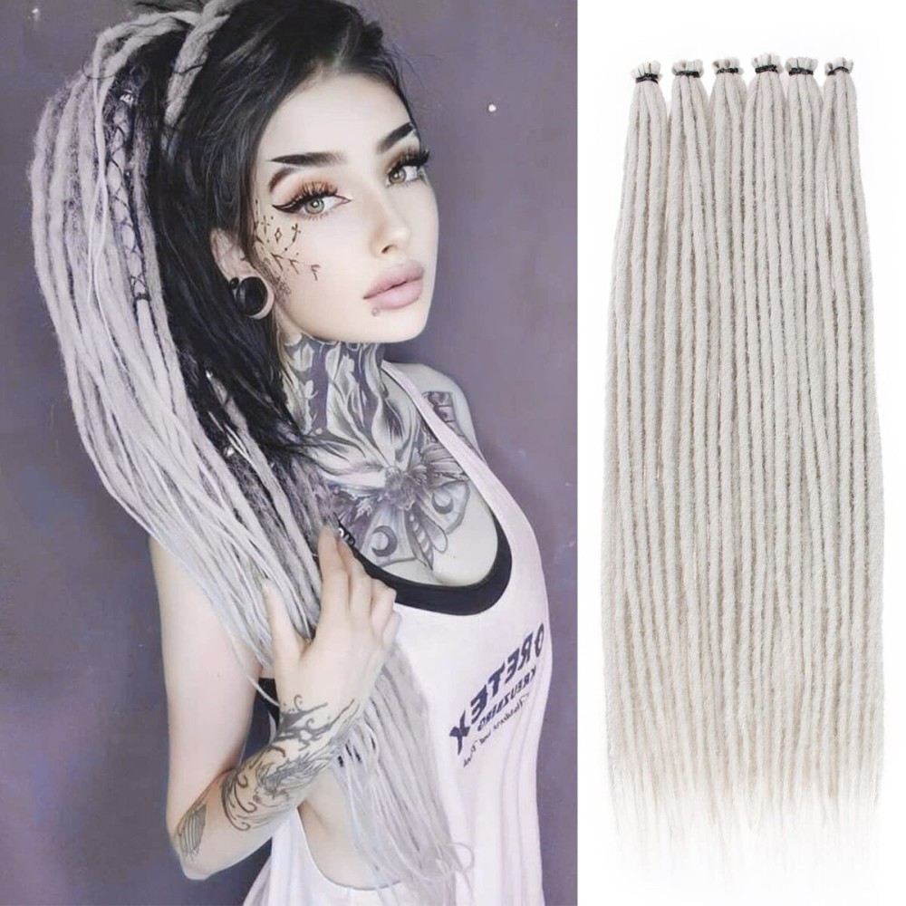 Leeven 20 Strands Thin Dreadlock Extensions 24 Inch Grey Soft Crochet SE Dreads Reggae Style Synthetic Braiding Hair 0.6 cm Width Loc Extensions for Women Men