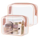 PACKISM TSA Approved Toiletry Bag - 2 Pack Clear Makeup Bag, Durable Clear Travel Bags for Toiletries with Supporting Frame, 1 Medium TSA Quart Carry-On, 1 Large Organizer for Check-in, Rose Pink
