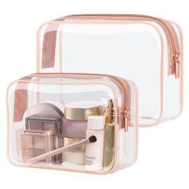 PACKISM TSA Approved Toiletry Bag - 2 Pack Clear Makeup Bag, Durable Clear Travel Bags for Toiletries with Supporting Frame, 1 Medium TSA Quart Carry-On, 1 Large Organizer for Check-in, Rose Pink