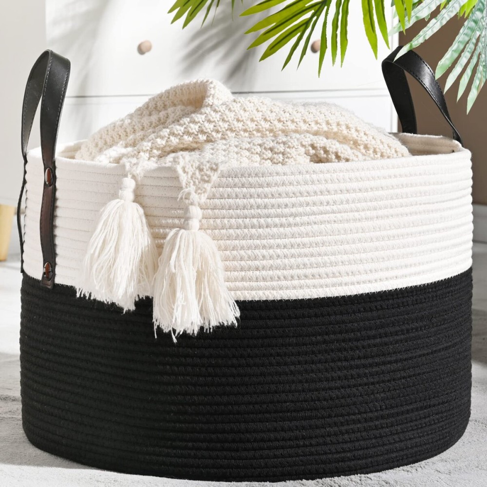 KAKAMAY Large Blanket Basket (20x13),Woven Baskets for storage Baby Laundry Hamper, Cotton Rope Blanket Basket for Living Room, Laundry, Nursery, Pillows, Baby Toy chest (White/Black)