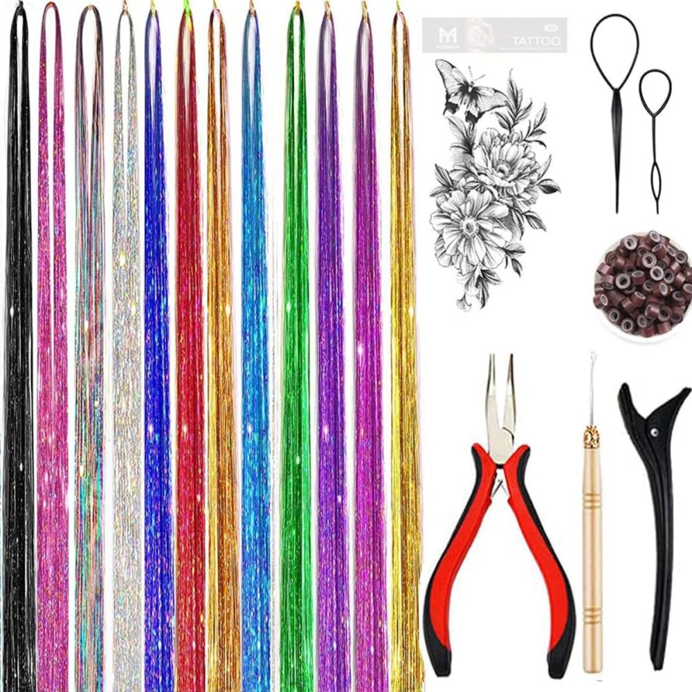 Hair Tinsel Kit with Tools 16 Colors 8000 Strands Fairy Hair Tinsel Heat Resistant Sparkling Shiny Tinsel Hair Extensions 48 Inch Colorful Hair Tinsel strands Kit (12 Colors 3000strands, 16Colors)