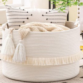 KAKAMAY Large Blanket Basket (20x13),Woven Baskets for storage Baby Laundry Hamper, Cotton Rope Blanket Basket for Living Room, Laundry, Nursery, Pillows, Baby Toy chest (White)