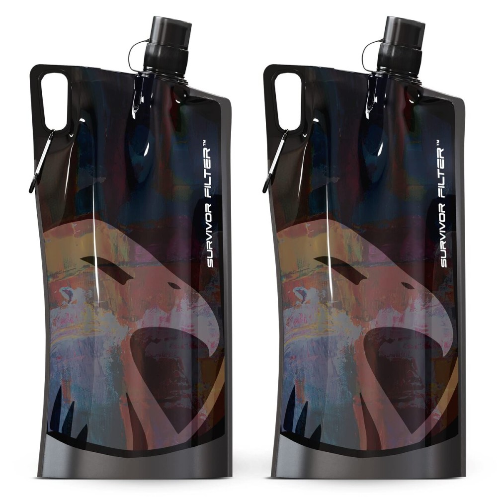 Survivor Filter 1L Black Collapsible Water Bottles - Travel, Hiking, Foldable, BPA-Free - 2 x 33oz