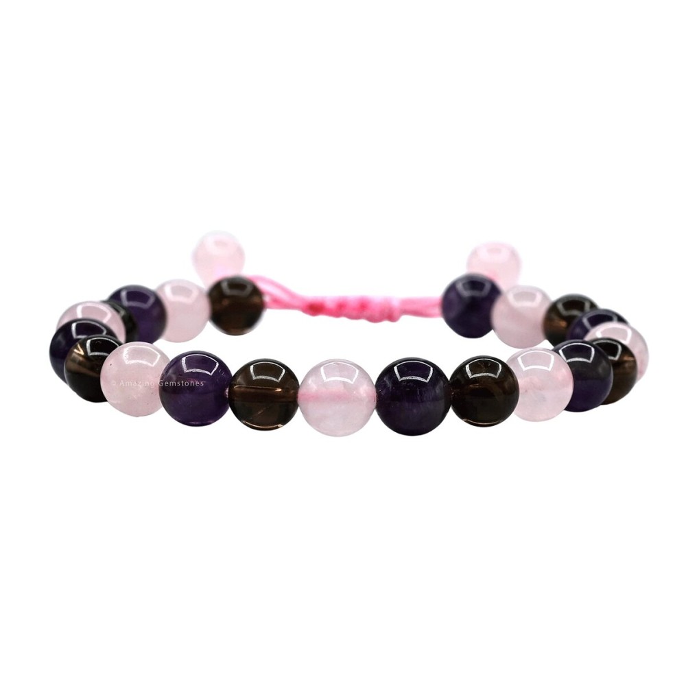 Amazing Gemstone Bracelet for Sleep Manifestation - Rose Quartz Smoky Quartz Amethyst Bracelet Set - Healing Calming Anxiety Stress Relief Gifts Pulseras Para Hombres Mujer Stocking Stuffers