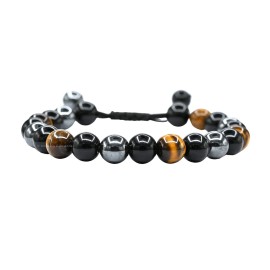Amazing Gemstone Triple Protection Bracelet - Hematite Black Obsidian Tiger Eye Bracelet Set for Men Women Healing Calming Anxiety Stress Relief Gifts (Adjustable)